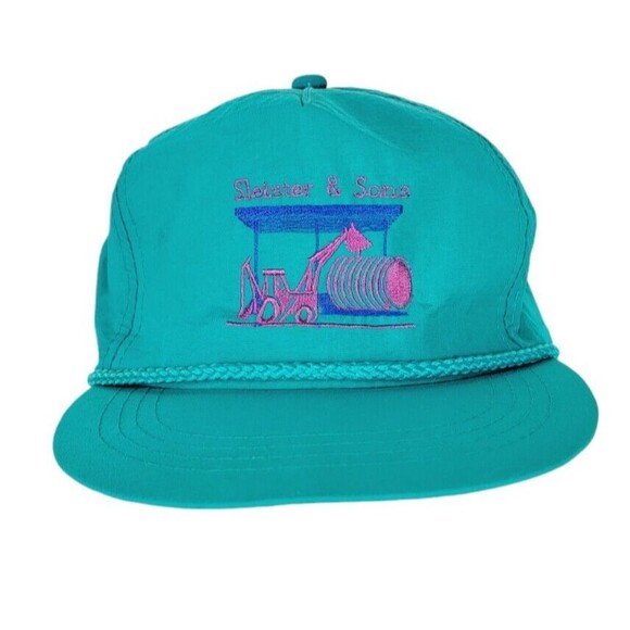 Vintage 80s Yupoong "Sleister & Sons" Teal Rope Nylon Snapback Trucker Hat - Picture 1 of 8